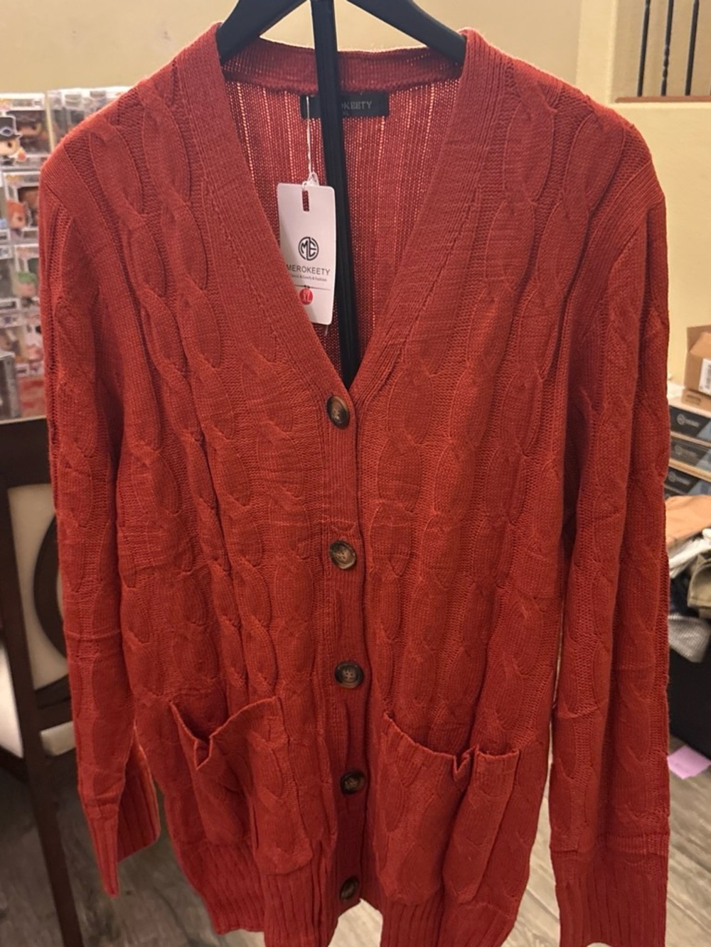 Merokeety Women's Cable Knit Button-Up Cardigan in Rust